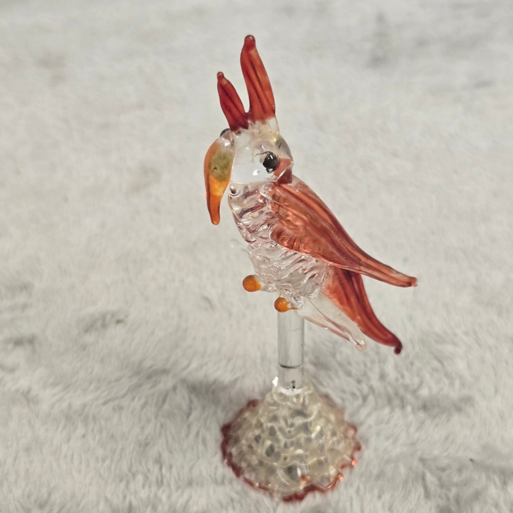 Vintage Hand Blown Art Glass Cockatoo Parrot Figurine Orange Red 4 Inch